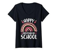 Womens Happy First Day of School Rainbow Leopard Teacher Student V-Neck T-Shirt