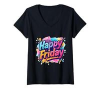 Women's Happy Friday Fun Colorful Weekend V-Neck T-Shirt