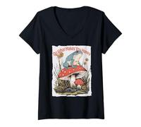 Womens Happy Frog on Mushroom Cottagecore Cute Toadstool Art V-Neck T-Shirt
