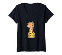 Womens Happy Giraffe Hugging Pizza Slice V-Neck T-Shirt