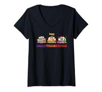 Womens Happy Hallothanksmas Cats Cute Holiday Trio V-Neck T-Shirt