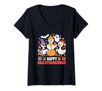 Womens Happy Hallothanksmas Cute Goose Duck Animal Holiday Design V-Neck T-Shirt