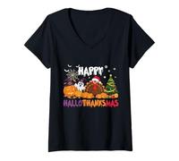 Womens Happy HalloThanksMas Halloween Thanksgiving Christmas Season V-Neck T-Shirt