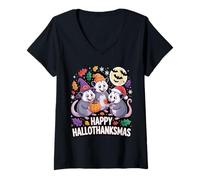 Womens Happy Hallothanksmas Opossum Pumpkin Fun V-Neck T-Shirt