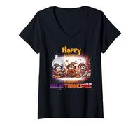 Womens Happy HalloThanksMas Sloth Spooky Thankful Merry X-mas V-Neck T-Shirt