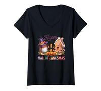 Womens Happy Hallothanksmas Witch Gingerbread Mashup V-Neck T-Shirt