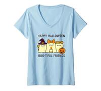 Womens Happy Halloween Boo-Tiful Friends Kawaii Ghosts Pumpkin V-Neck T-Shirt
