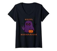 Womens Happy Halloween BSL Sign Language Ghost Funny Costume V-Neck T-Shirt
