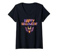 Womens Happy Halloween, cute bat V-Neck T-Shirt