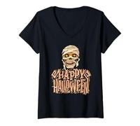 Womens Happy Halloween Mummy Monster Horror Skull Humor Look V-Neck T-Shirt