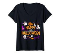Women's Happy Halloween Pumpkin Lantern Skull Ghost Spooky Halloween V-Neck T-Shirt
