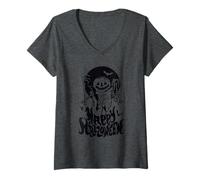 Womens Happy Halloween Pumpkin Scarecrow V-Neck T-Shirt