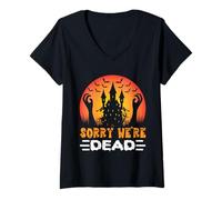Womens Happy Halloween Sorry We're Dead Spooky Horror Graphic V-Neck T-Shirt