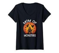 Womens Happy Halloween Vibes Decor Mom of Monsters V-Neck T-Shirt