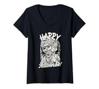 Womens Happy Halloween Zombie Priest Horror Retro V-Neck T-Shirt