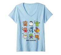 Womens Happy Hauntings Cute Halloween Characters V-Neck T-Shirt