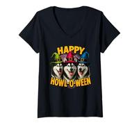 Womens Happy Howl-O-Ween Funny Husky Dog Halloween Costume Fall V-Neck T-Shirt