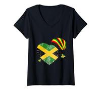 Womens Happy Jamaica Independence Day Vintage Jamaican Heart Flag V-Neck T-Shirt