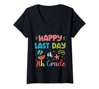 Womens Happy Last Day Of Seventh Grade Summer Vacation Kids Boys V-Neck T-Shirt