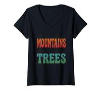 Women's Happy Little Mountains Trees Tshirt Vintage Retro Nature V-Neck T-Shirt