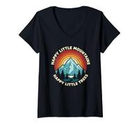 Women's Happy Little Mountains Trees Tshirt Vintage Retro Nature V-Neck T-Shirt