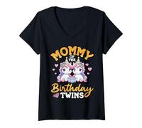 Womens Happy Mommy of The Birthday Twins Unicorns Two Daughters Mom V-Neck T-Shirt