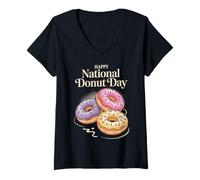 Womens Happy National Donut Day | Classic Sweet Trio Donut V-Neck T-Shirt