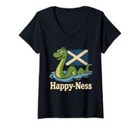 Womens Happy Ness Cute Nessie Loch Ness Monster Scotland V-Neck T-Shirt