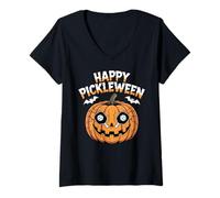 Womens Happy Pickleween Pumpkin Bats Funny Pickleball Halloween V-Neck T-Shirt