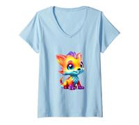 Women's Happy Rainbow Fantasy Beast Cute Animal Character Design V-Neck T-Shirt