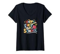 Womens Happy School Beginning Back to Learning Fun V-Neck T-Shirt