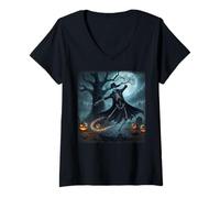 Womens Happy Skeleton Dancer Dancing Under The Full Moon Halloween V-Neck T-Shirt