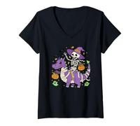 Womens Happy Skeleton Riding a Dinosaur Trick or Treating Halloween V-Neck T-Shirt