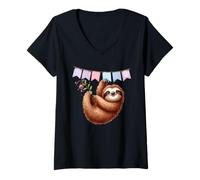 Women's Happy Sloth Hanging Celebration Bunting Animal V-Neck T-Shirt