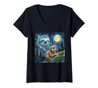 Women's Happy Sloth Howling at The Moon Night Sky Animal Art V-Neck T-Shirt