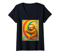 Womens Happy Sloth Hugging Rainbow Moon V-Neck T-Shirt