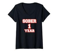 Womens Happy Sober 1 Year Cool Anniversary Red Sobriety V-Neck T-Shirt