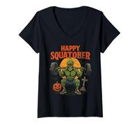 Womens Happy Squatober Leg Day Challenge Vintage Halloween Zombie V-Neck T-Shirt