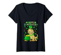 Women's Happy St. Patrick's Day Bearded Dragon Shamrocks Coins Lover V-Neck T-Shirt