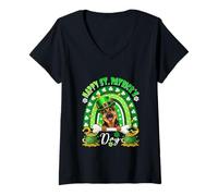 Women's Happy St. Patrick's Day German Shepherd Rainbow Shamrocks V-Neck T-Shirt