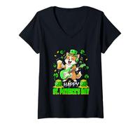 Women's Happy St. Patrick's Day Guitarist Corgi Drinking Beer V-Neck T-Shirt