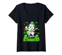 Women's Happy St. Patrick's Day Guitarist Poodle Drinking Beer V-Neck T-Shirt