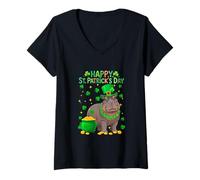 Women's Happy St. Patrick's Day Hippo Shamrocks Coins Lover Kids V-Neck T-Shirt