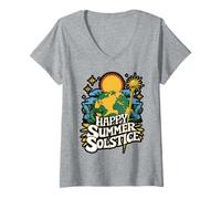 Womens Happy Summer Solstice Sunflower Design V-Neck T-Shirt