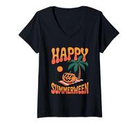 Womens Happy Summerween Halloween Pumpkin on The Beach Vintage V-Neck T-Shirt