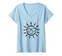 Women's Happy Sun Sunglasses Summer Vibes Doodle V-Neck T-Shirt
