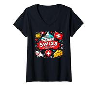 Womens Happy Swiss Day Switzerland National Day Swiss Flag V-Neck T-Shirt