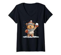 Womens Happy Teddy Bear in Snowball Fight V-Neck T-Shirt