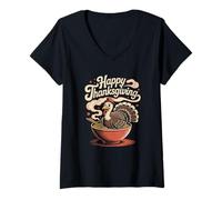 Womens Happy Thanksgiving Turkey Ramen Bowl Funny Japanese V-Neck T-Shirt