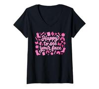 Women's Happy to See Your Face Cute Pink Graphic Art V-Neck T-Shirt